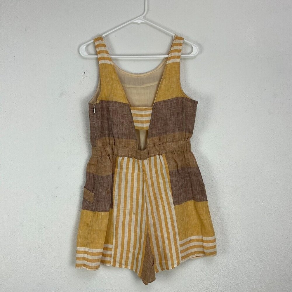 Anthropologie Ett Twa Linen Wesley Striped Romper Size 8 Brown/Yellow Pockets - Picture 2 of 11